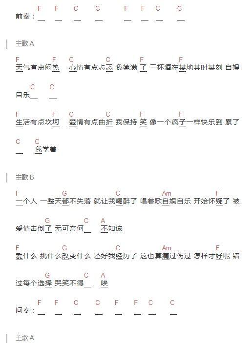 自娱自乐吉他谱简单版c调金志文六线谱初学者简易单音版男生版c调