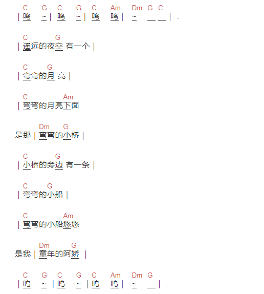 弯弯的月亮吉他谱简单版c调刘欢六线谱初学者简易弹唱版男生版c调