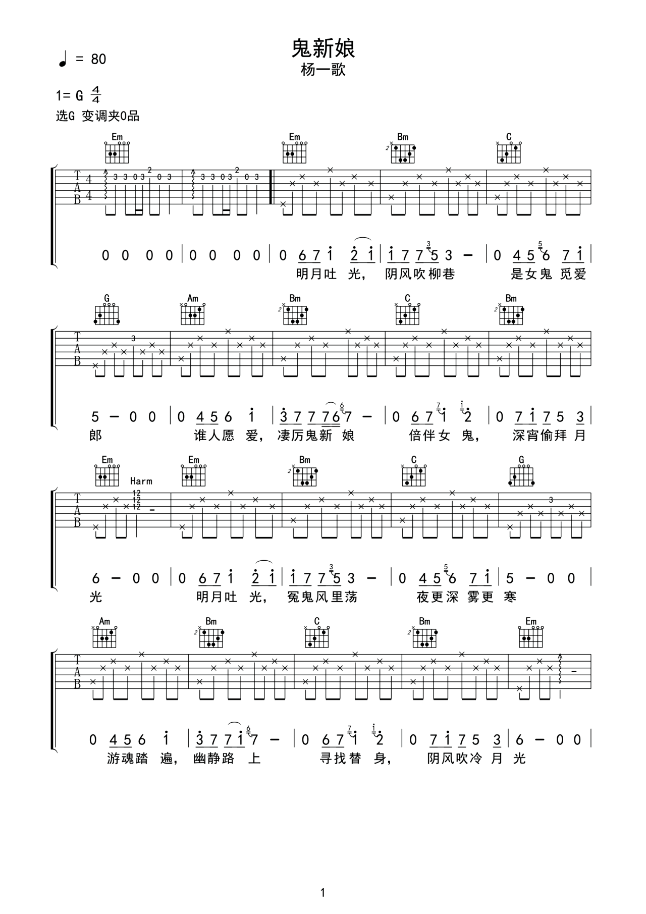 《全赖有你》吉他初学者必练六线谱 - 用C调编配的指法 - 吉他简谱
