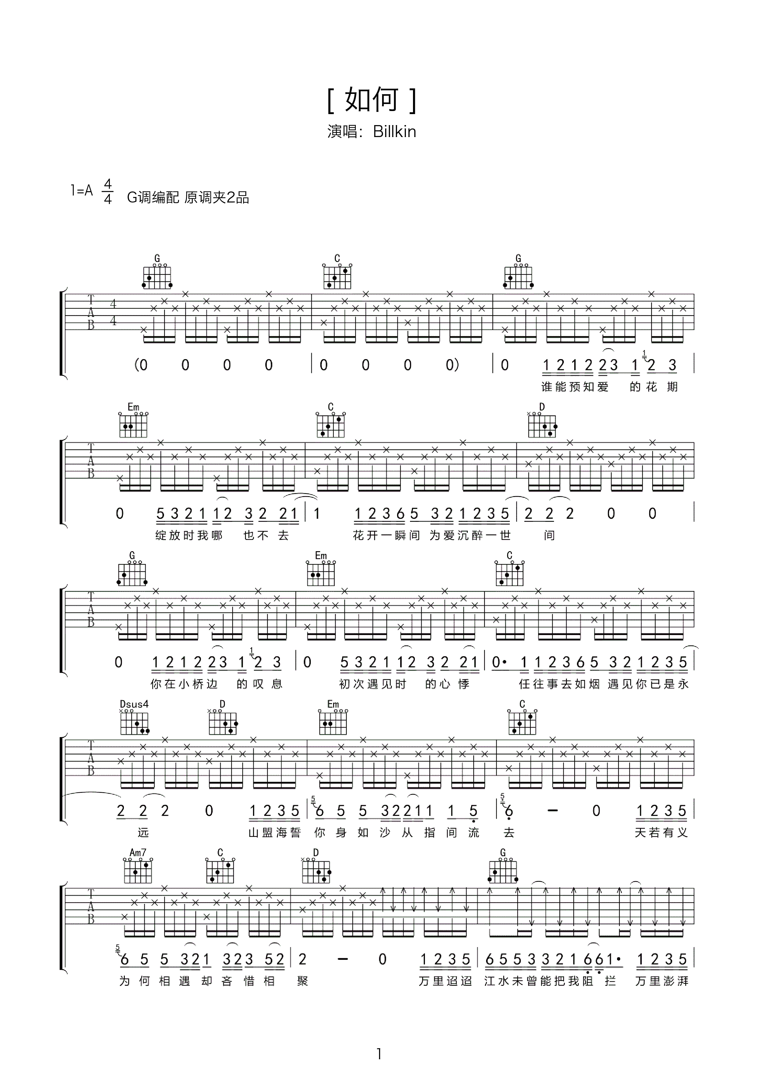 《门外看》吉他初学者必练六线谱 - 用C调编配的指法 - 吉他简谱