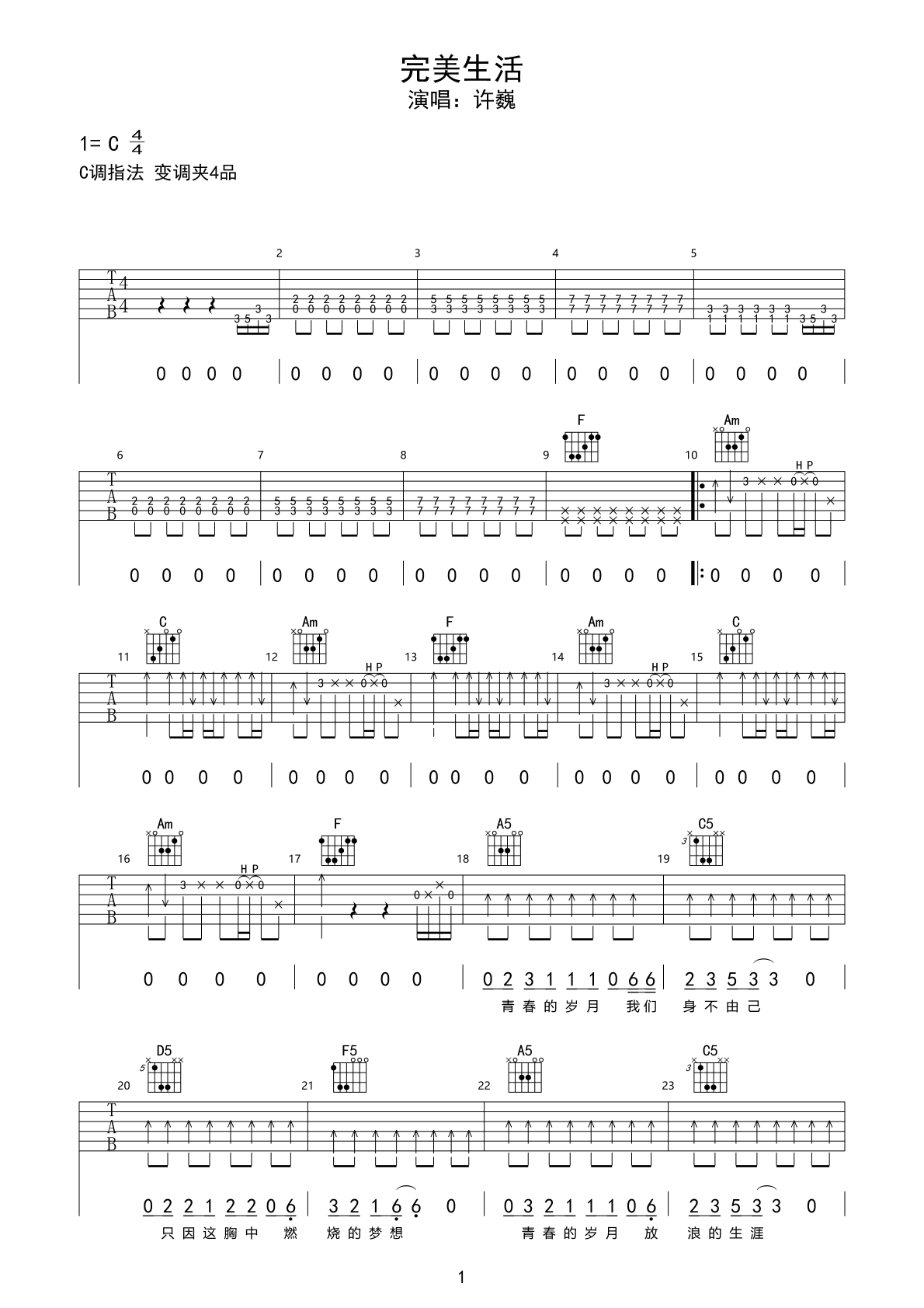 许巍《完美生活》吉他谱(E调)-Guitar Music Score - GTP吉他谱