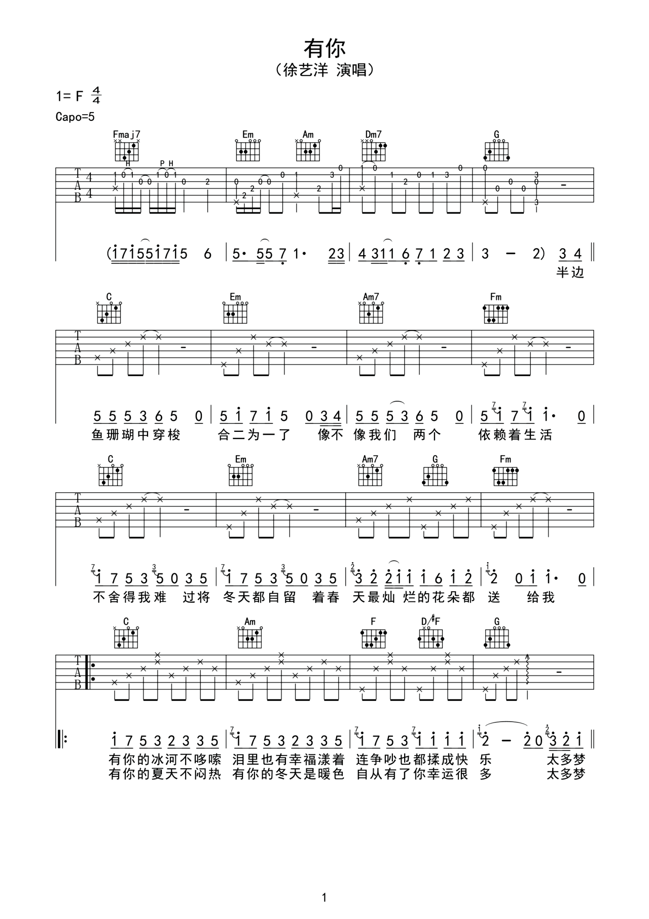 《要你管》吉他初学曲目六线谱 - 时代少年团国语C调吉他谱 - 吉他简谱