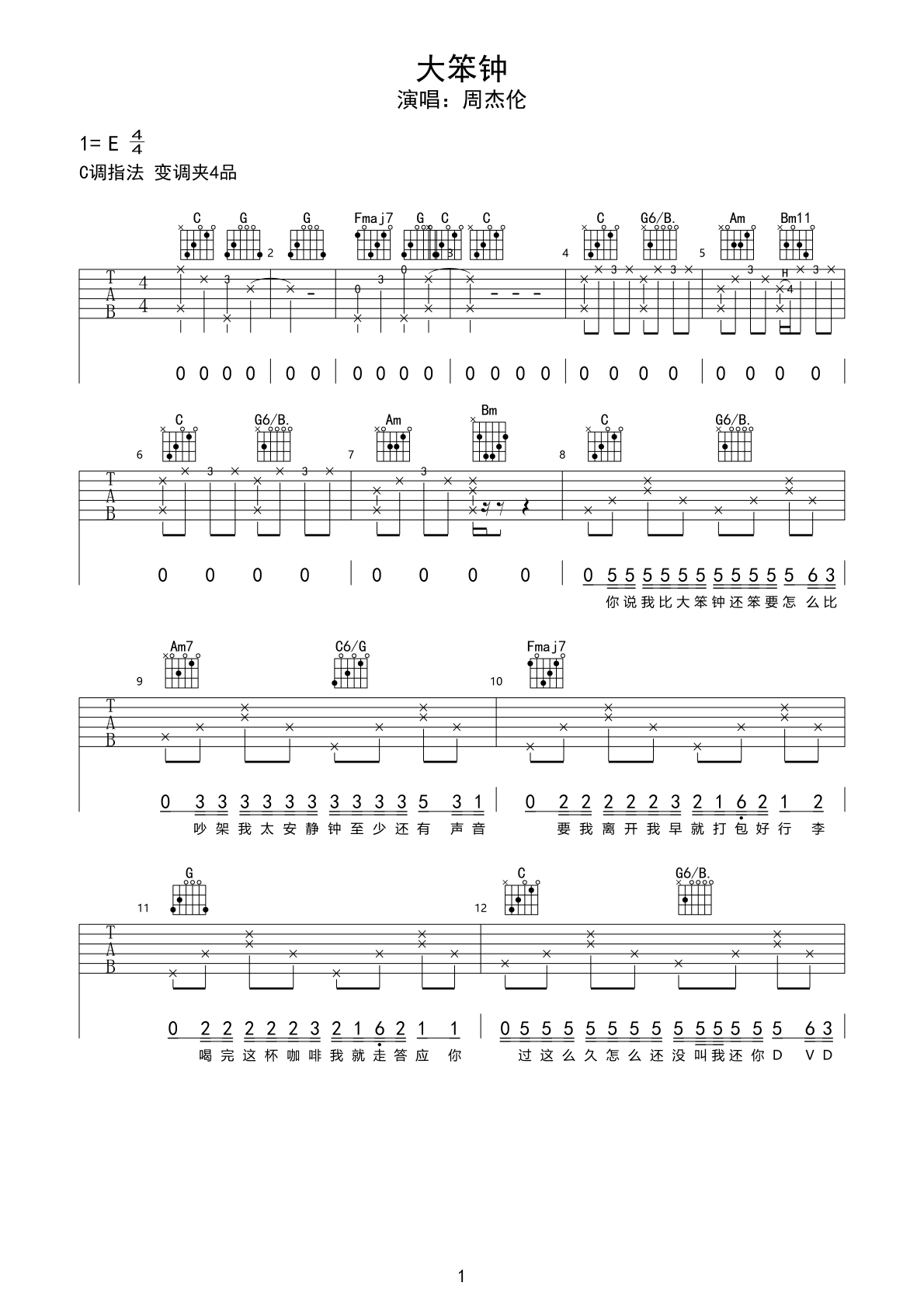《大笨钟》吉他谱—周杰伦（为什么大笨钟用搜狗拼音打不是在第一个词） | 汤米吉他