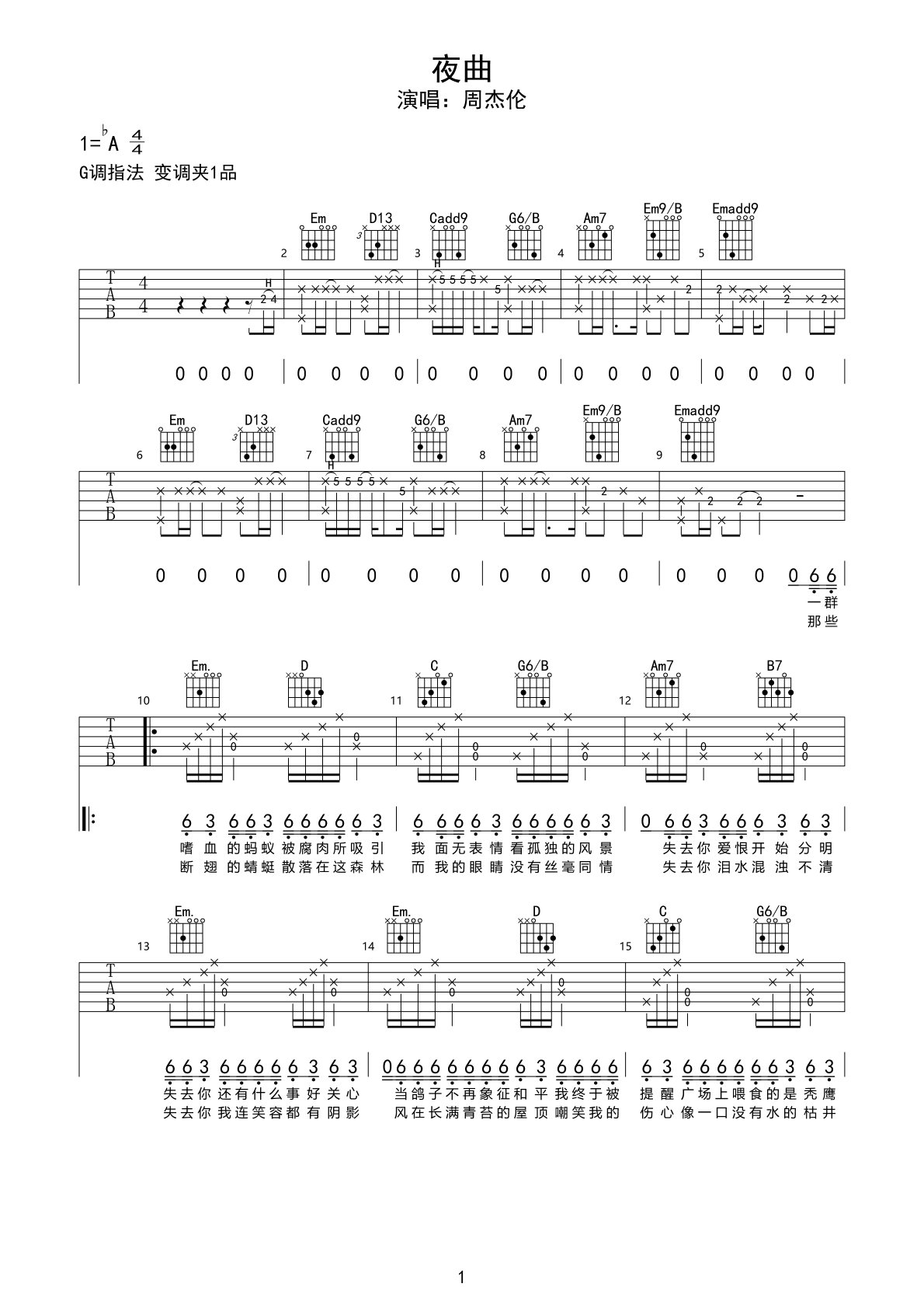 夜曲吉他谱 周杰伦 C调简单版指弹谱 附音频-吉他谱中国