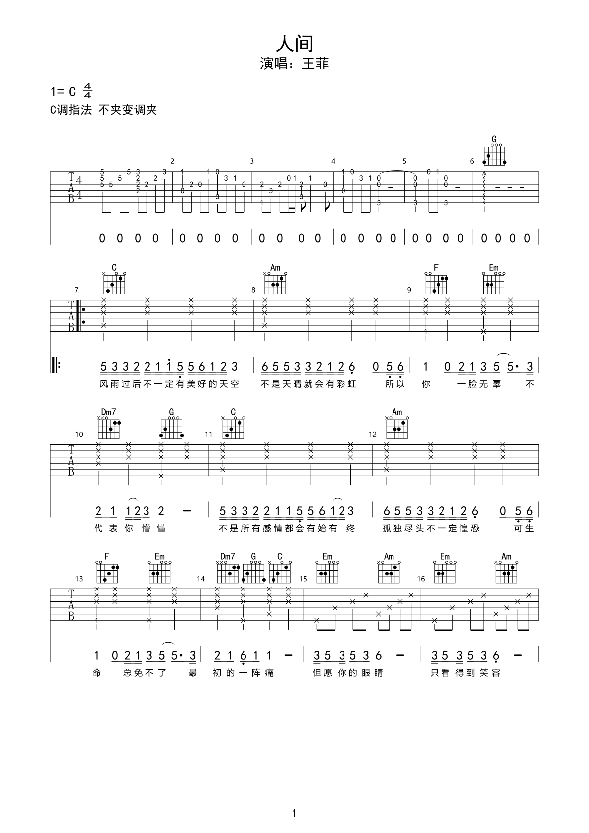 人间吉他谱-王菲-C调-六线谱+和弦弹唱谱-看谱啦