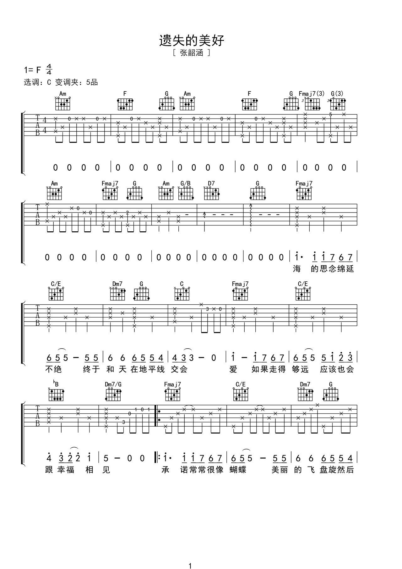 张韶涵成名曲吉他谱《遗失的美好》女歌手-吉他曲谱 - 乐器学习网