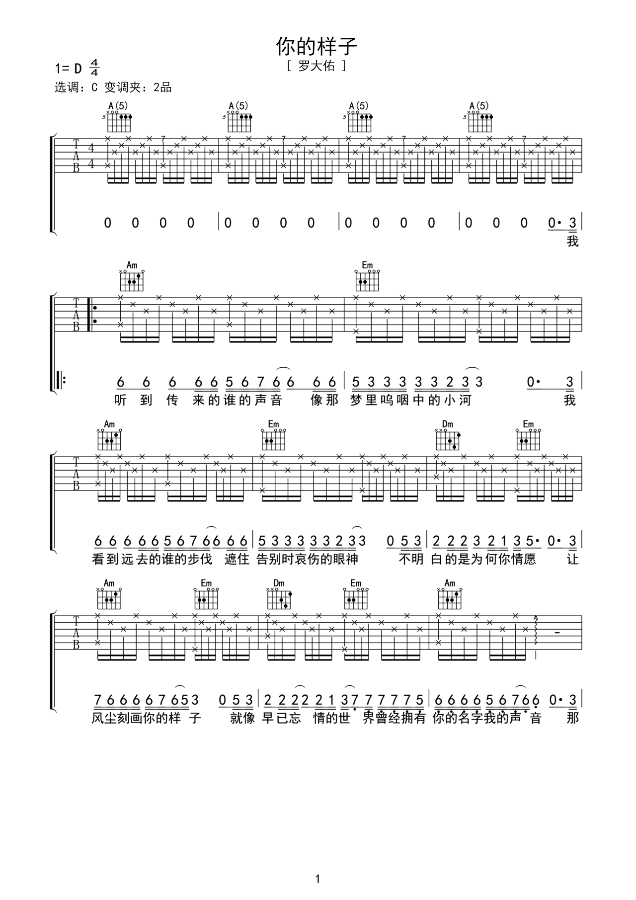 你的样子D调吉他谱六线谱简谱