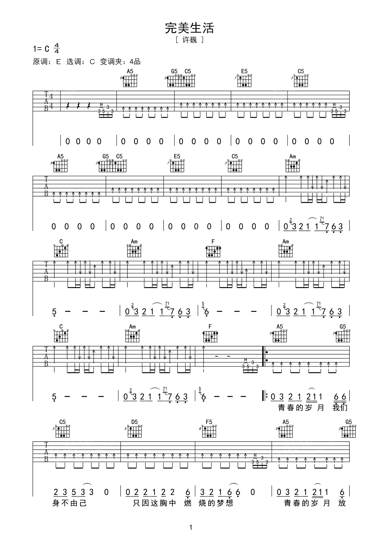许巍《完美生活》吉他谱(E调)-Guitar Music Score - GTP吉他谱