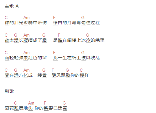 菊花台六线谱c调简单版 周杰伦吉他新手和弦简谱 简易单音版 C调男生版