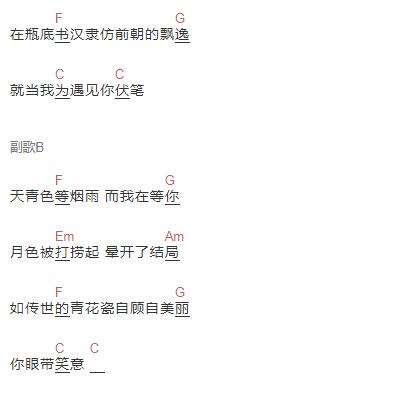 青花瓷六线谱入门级c调吉他谱 简单版周杰伦吉他和弦谱 初学者简易弹唱版简谱 男生版c调
