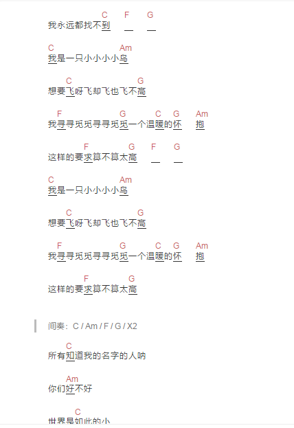 我是一隻小小鳥六線譜入門級c調吉他譜簡單版趙傳吉他和絃譜初學者