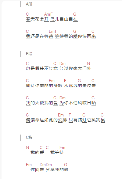 春天花会开六线谱入门级c调吉他谱 简单版任贤齐吉他和弦谱 初学者简易弹唱版简谱 男生版c调